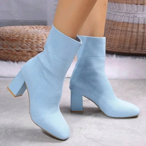 Fashion Blue Boots For Women, Minimalist Chunky Heeled Slip On Sock Boots - Picture 2 of 7